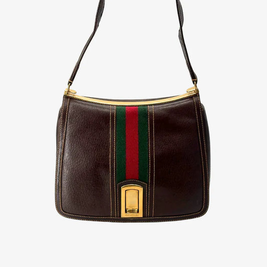 RE405 - GUCCI Vintage Brown Leather Web Stripe Shoulder Bag