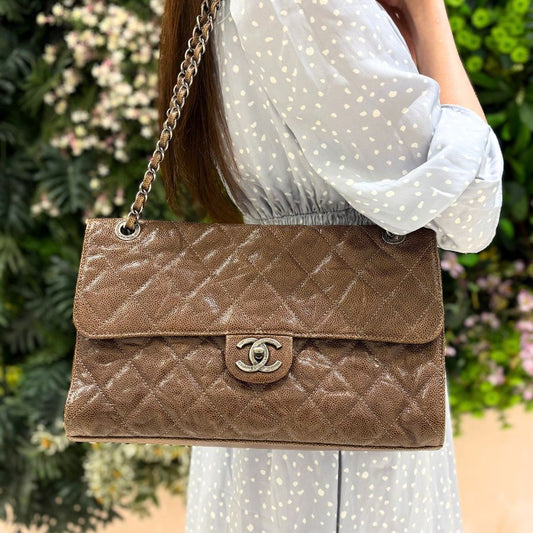 RG257 - CHANEL Vintage Brown Caviar Leather Crumpled Grained CC Flap Bag