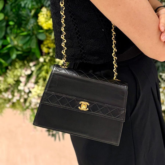 RG371 - CHANEL Vintage Black Lambskin Trapezoid Flap Bag