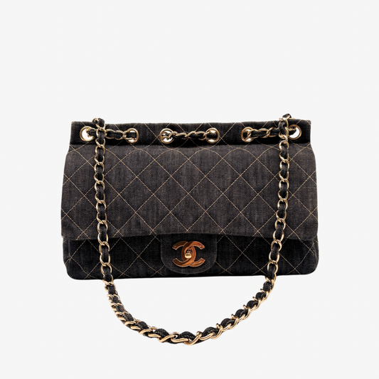 CS107 - CHANEL Navy Blue Quilted Denim Chain Through Jumbo Flap Bag