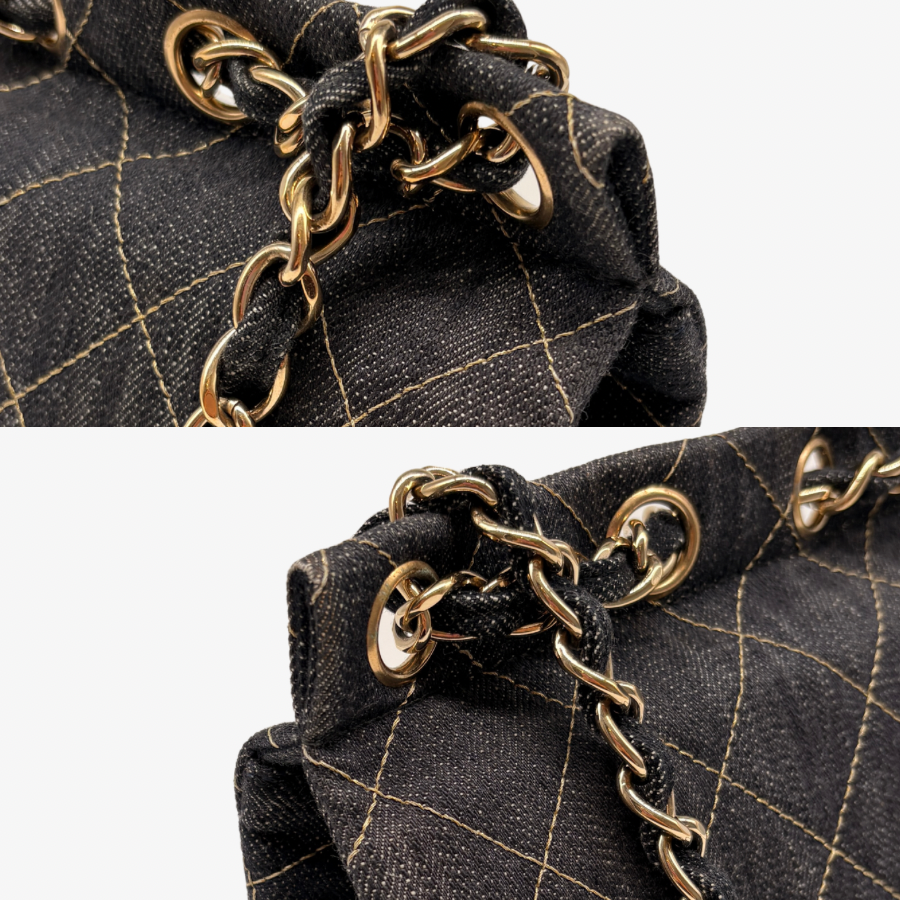 CS107 - CHANEL Navy Blue Quilted Denim Chain Through Jumbo Flap Bag - Lovintage