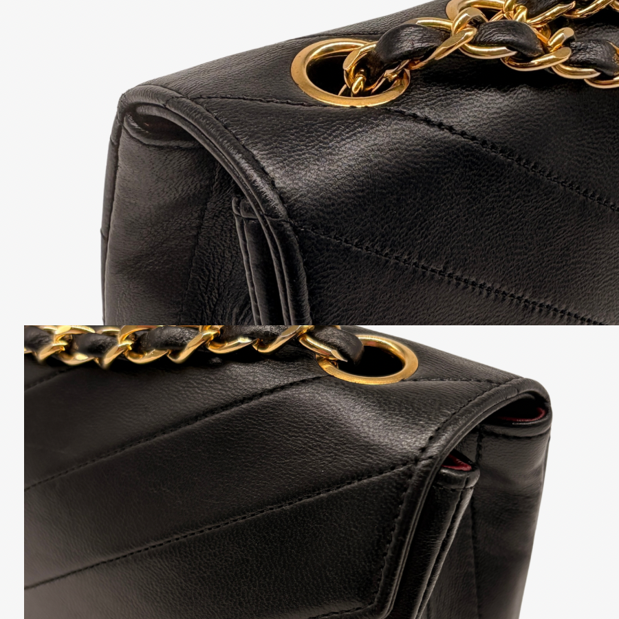 JAH235 - Chanel Vintage Black Lambskin Chevron CC Clasp Flap Bag - Lovintage