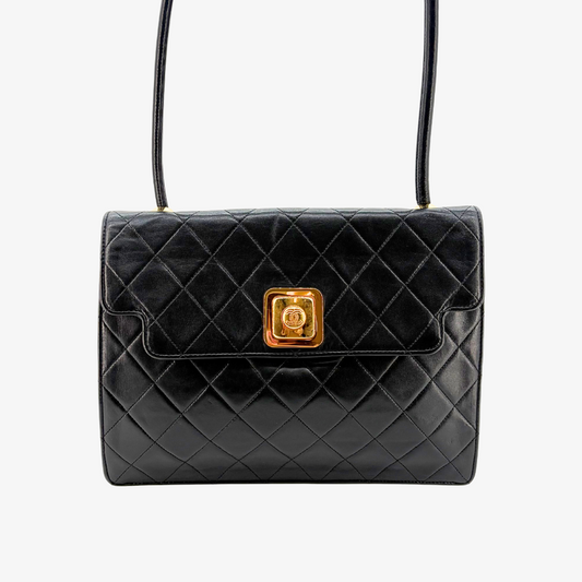 JZ499 - CHANEL Vintage Black Lambskin Coco Mark Botton Shoulder Bag