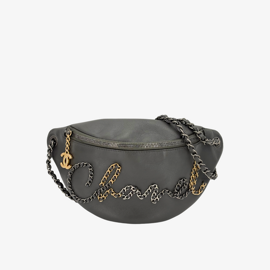 RG408 - CHANEL Vintage Gray Calfskin Chain 20s Signe Waist Bag