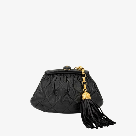 JZ516 -  CHANEL Vintage Black Lambskin Gold Chain Waist Pouch Clasp Bag