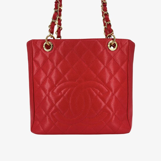 JAH232 - CHANEL Vintage Red Caviar Leather Embossed Logo PST Tote Bag