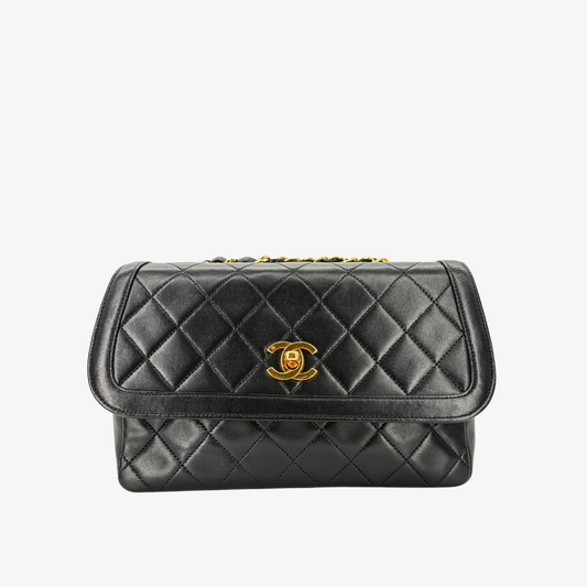 JZ772 - CHANEL Vintage Black Lambskin Quilted Flap Bag