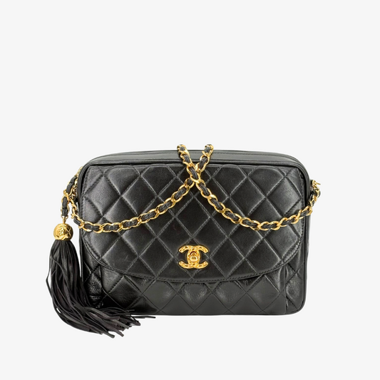 CS039 - CHANEL Vintage Black Lambskin Gold Chain CC Turnlock Camera Bag
