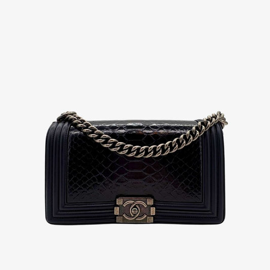 CS038 - CHAENL Boy Navy Snake Skin & Calf skin 25cm Flap Bag