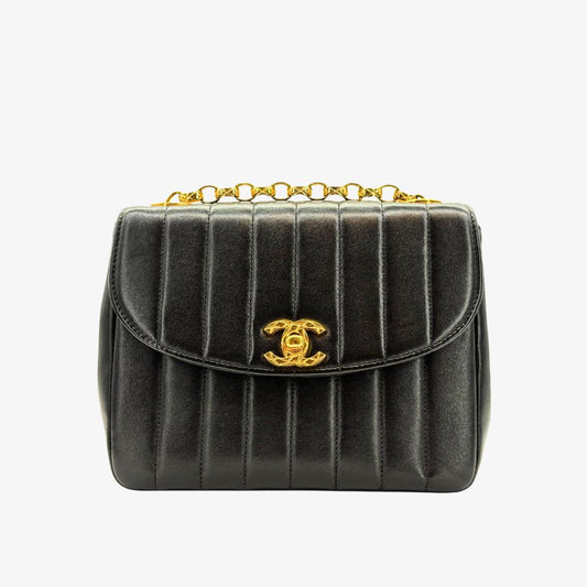 KA735 - CHANEL Vintage Black Lambskin Vertical Gold Chain Flap Bag
