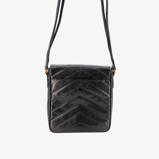 KA248 - CHANEL Vintage Black Caviar Leather Chevron Shoulder Bag