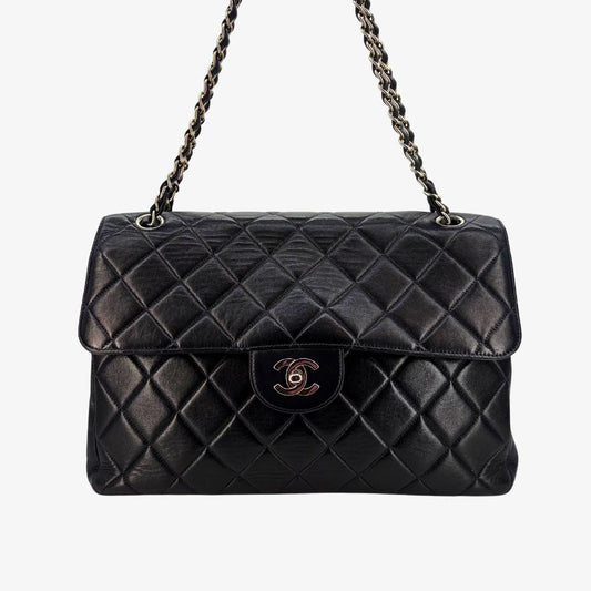 CS028 - CHANEL Vintage Black Lambskin Double Side Jumbo Flap Bag