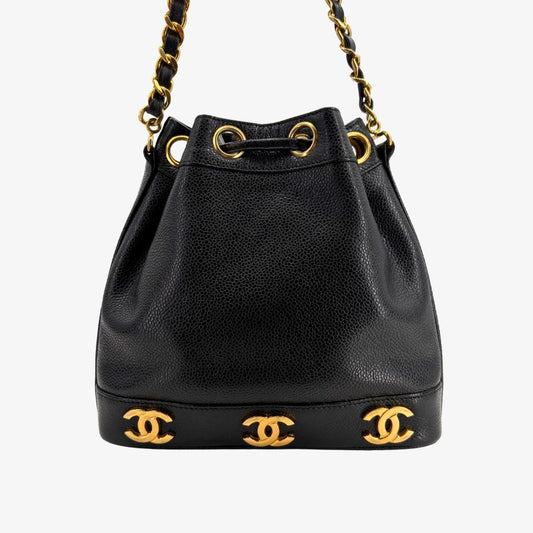 KB479 - CHANEL Vintage Black Caviar Leather Golden Ball Bucket Bag