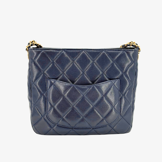 CS042 - CHANEL Navy Caviar Leather Gold Coins Chain Hobo Bag