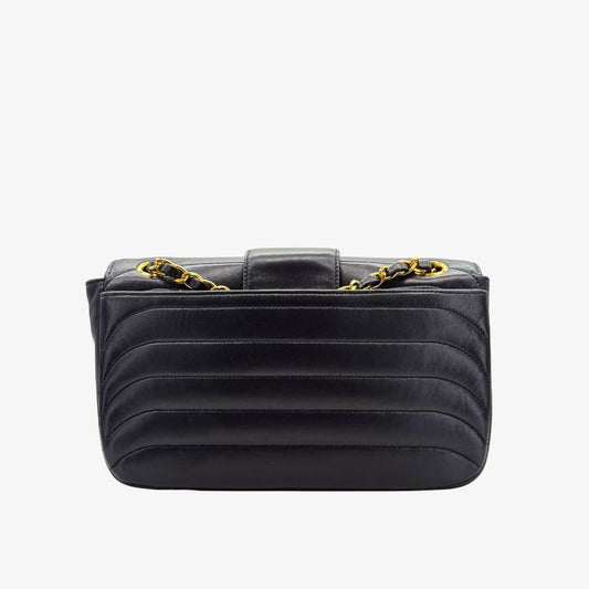 KA748 - CHANEL Vintage Black Lambskin Horizontal Stripes Flap Bag