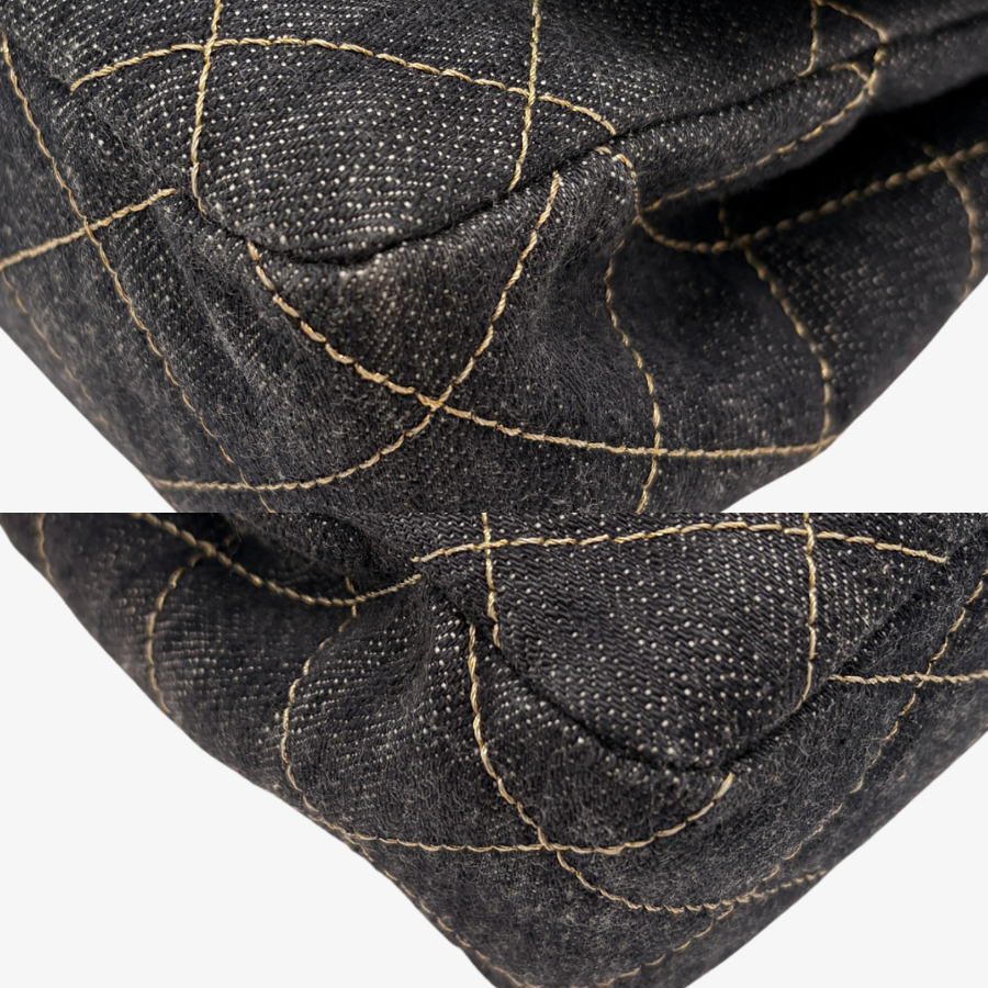 CS107 - CHANEL Navy Blue Quilted Denim Chain Through Jumbo Flap Bag - Lovintage