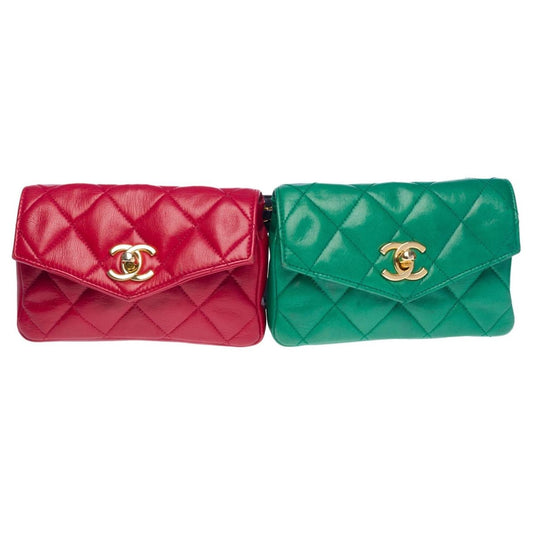 SCH009 - CHANEL Vintage Red/Green Lambskin Double Belt Bag