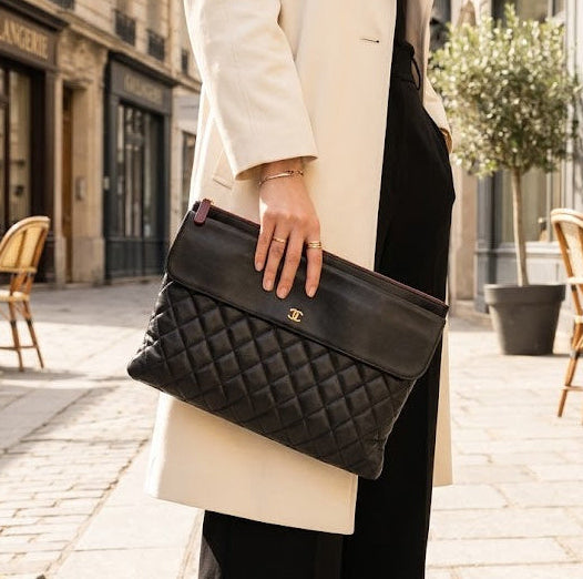 RG370 - CHANEL Vintage Black Lambskin Zip And Flap Clutch Bag - Lovintage