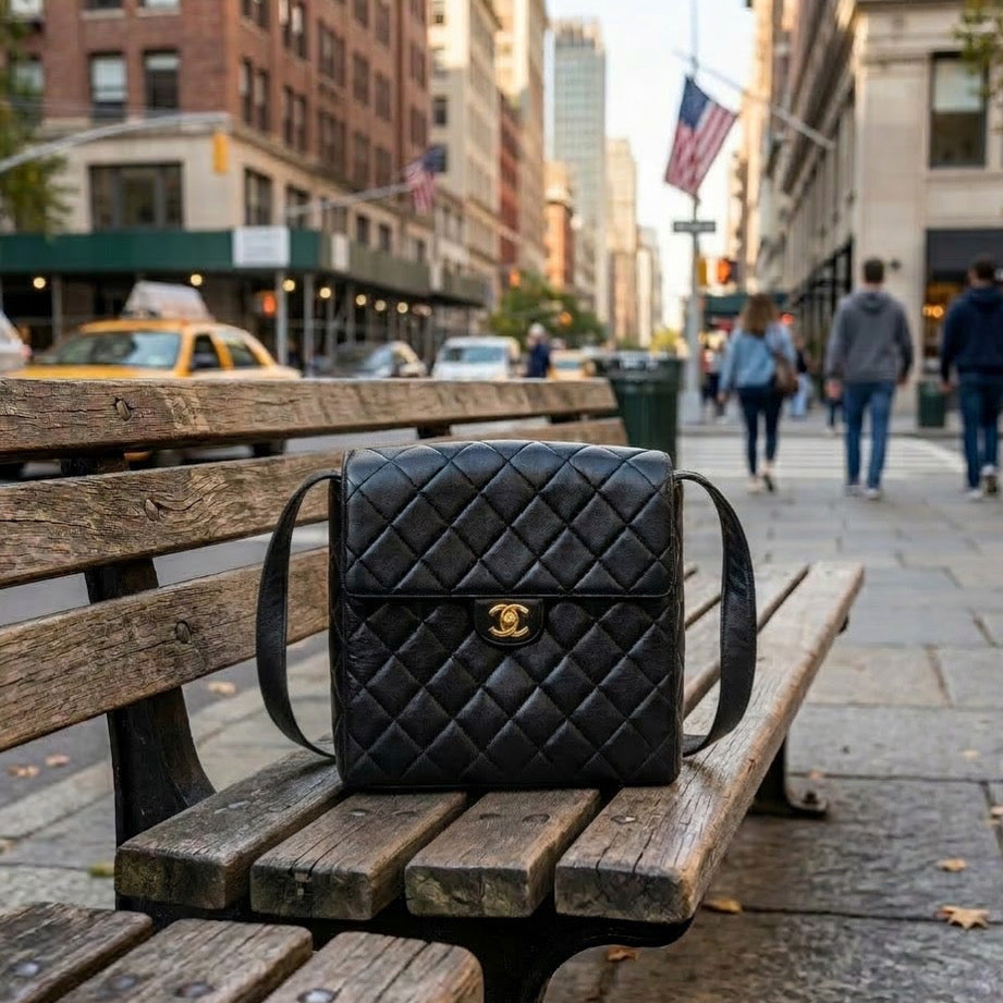 CS091 - CHANEL Vintage Black Lambskin CC Matelasse Shoulder Bag - Lovintage