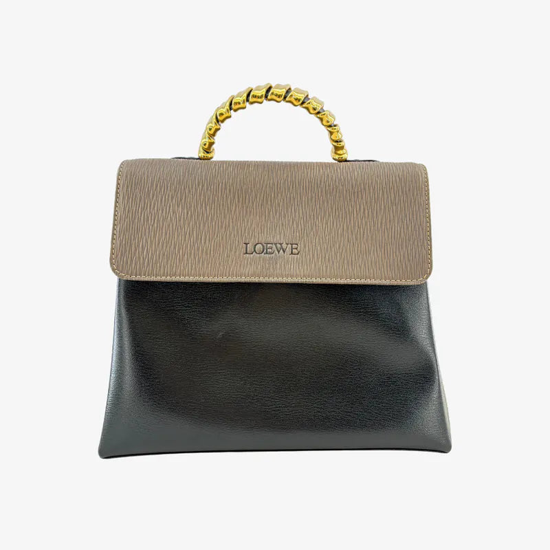 jah210-loewe-vintage-black-brown-gold-suede-caviar-leather-shoulder-bag-handbag