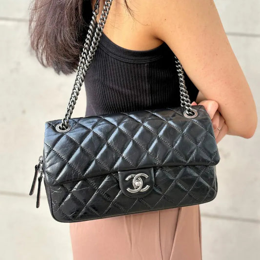 C580 - CHAENL Black Calfskin Easy Zip Flap Bag