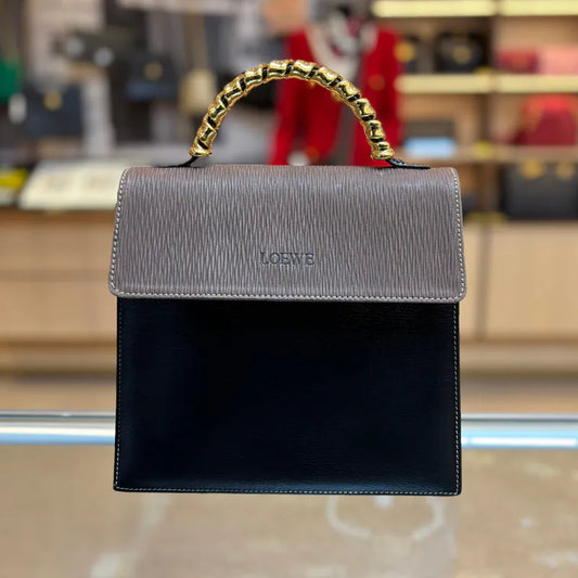 ju627-loewe-vintage-black-brown-gold-suede-caviar-leather-shoulder-bag-handbag