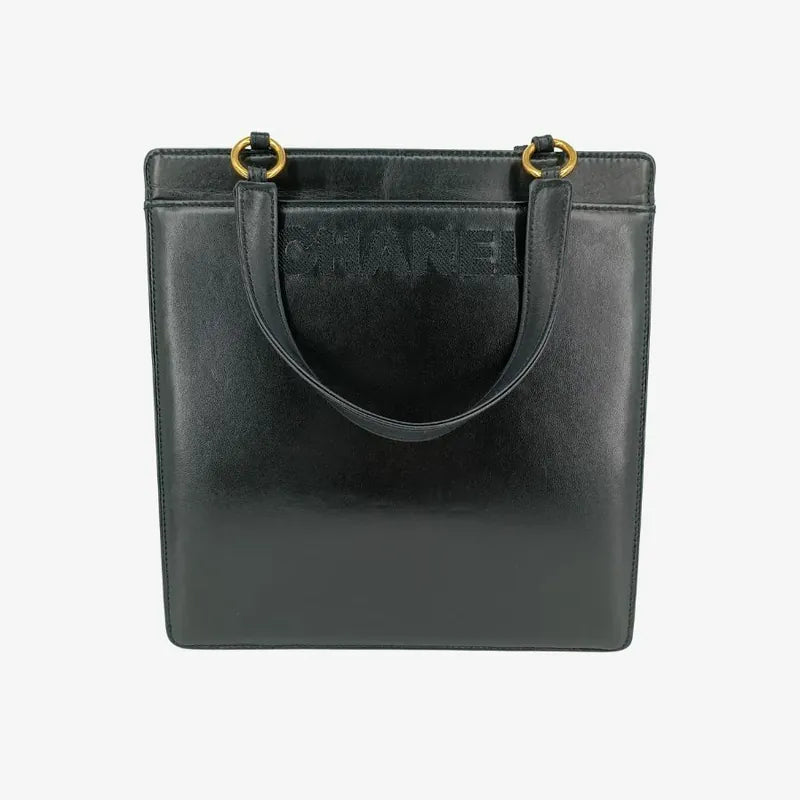 js418-chanel-vintage-black-lambskin-embroidered-logo-tote-bag