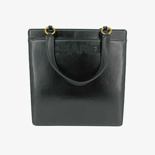js418-chanel-vintage-black-lambskin-embroidered-logo-tote-bag
