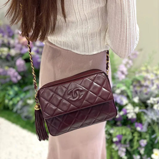 RE691 - CHANEL Vintage Burgundy Lambskin Tassel Camera Bag
