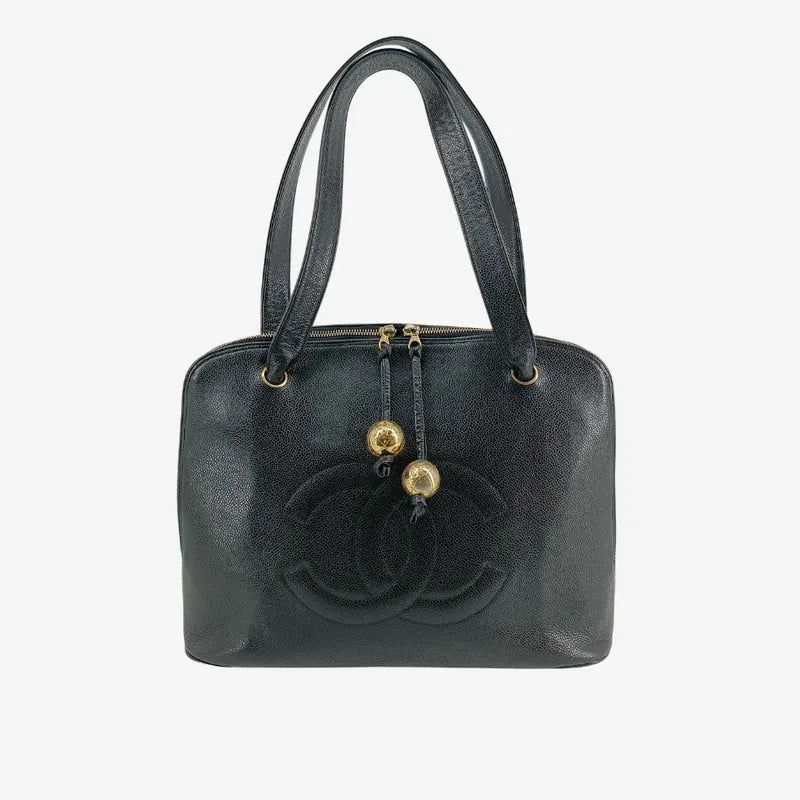 js401-chanel-vintage-black-caviar-leather-embroidered-logo-golden-ball-tote-bag