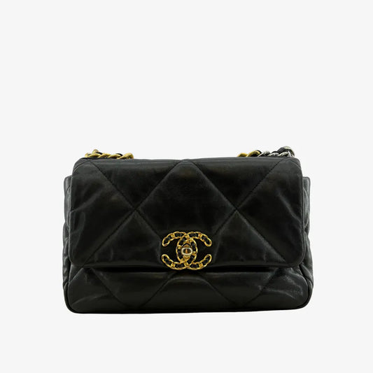 C590 - CHANEL Black Shiny Lambskin Quilted 19 Shoulder Bag