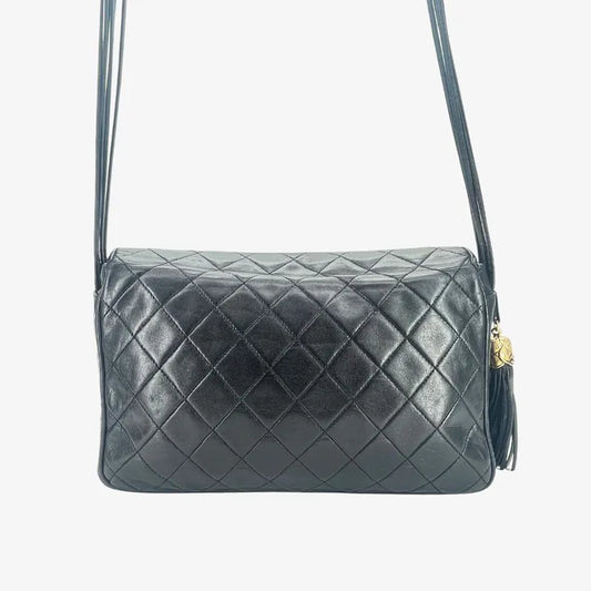 JZ744 - CHANEL Vintage Black Lambskin Quilted Full Flap Bag