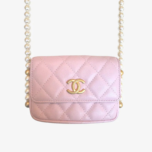 C586 - CHANEL Pink Calfskin Imitation Pearl Flap Card Holder With Chain