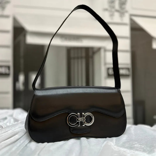 RC165 - SALVATORE FERRAGAMO Vintage Black Box Leather Shoulder Bag