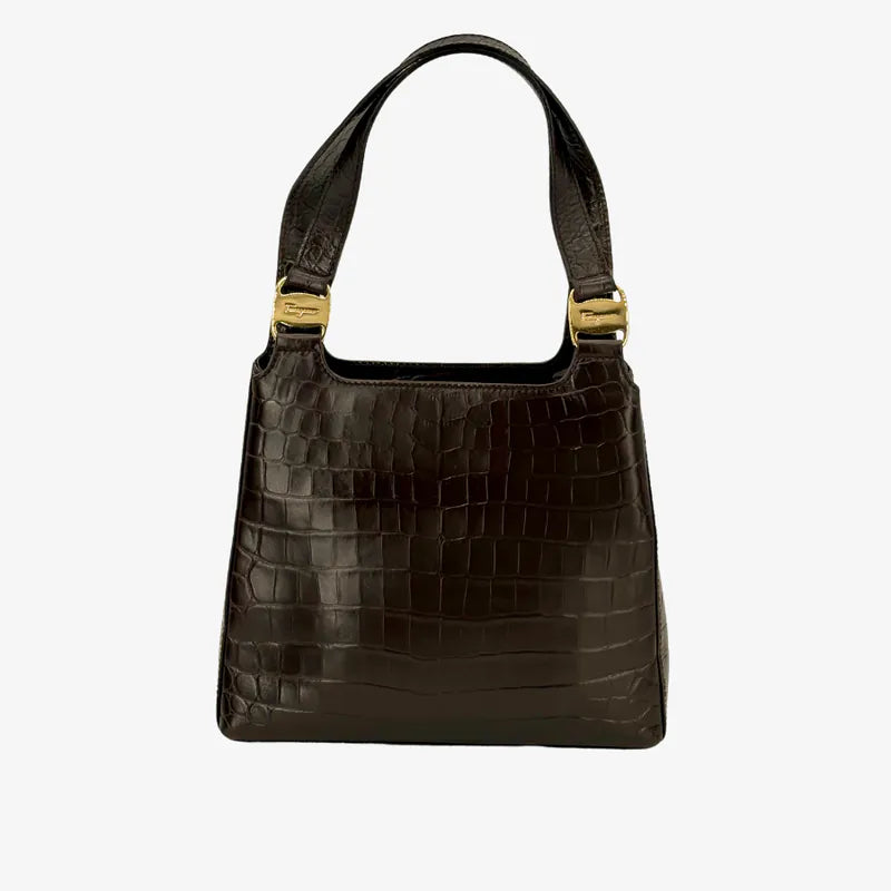 RE399 - SALVATORE FERRAGAMO Vintage Brown Calf Leather Shoulder Bag - Lovintage