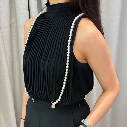 C559 - CHANEL Black Calfskin & Lmitation Pearls Suspenders