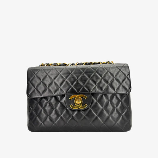 C638 - CHANEL Vintage Black Lambskin Jumbo Maxi Classic Flap Bag