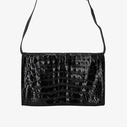 JY398 - CHANEL Vintage Black Crocodile Skin Flap Bag