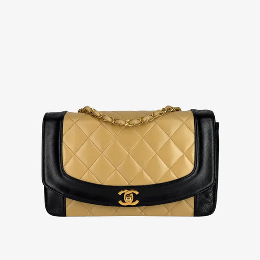 C651 - CHANEL Vintage Beige/Black Lambskin 25cm Diana Flap Bag