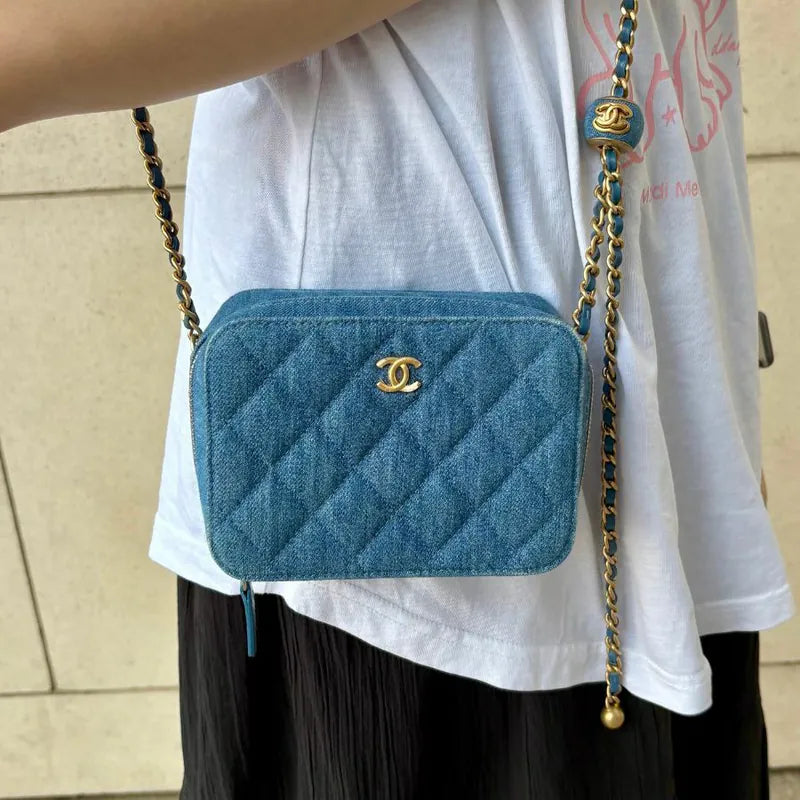 C589 - CHANEL Blue Denim Camera Bag (Gold Ball) - Lovintage