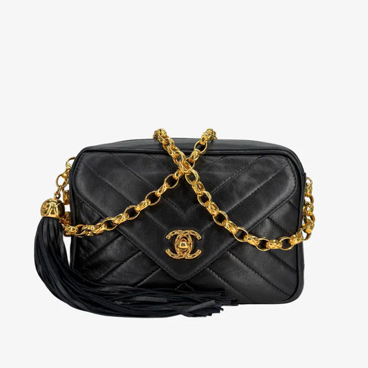 RE972 - CHANEL Vintage Navy Lambskin Chevron Gold Chain Camera Bag