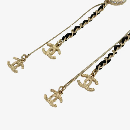 C607 - CHANEL Pale Gold Crystal Chain CC Long Drop Earrings