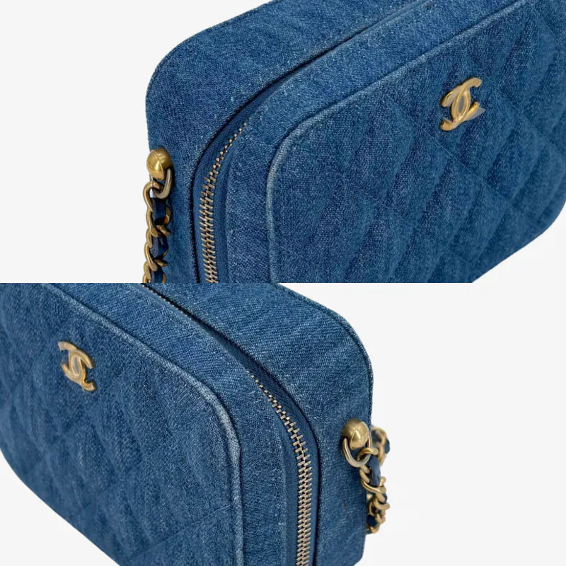 C589 - CHANEL Blue Denim Camera Bag (Gold Ball) - Lovintage