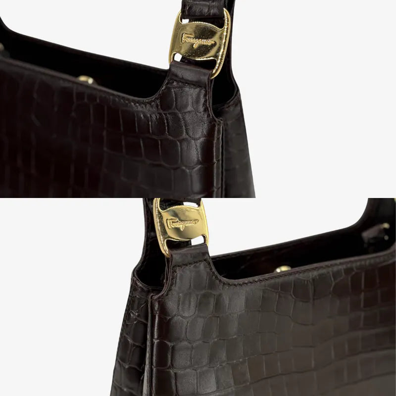 RE399 - SALVATORE FERRAGAMO Vintage Brown Calf Leather Shoulder Bag - Lovintage