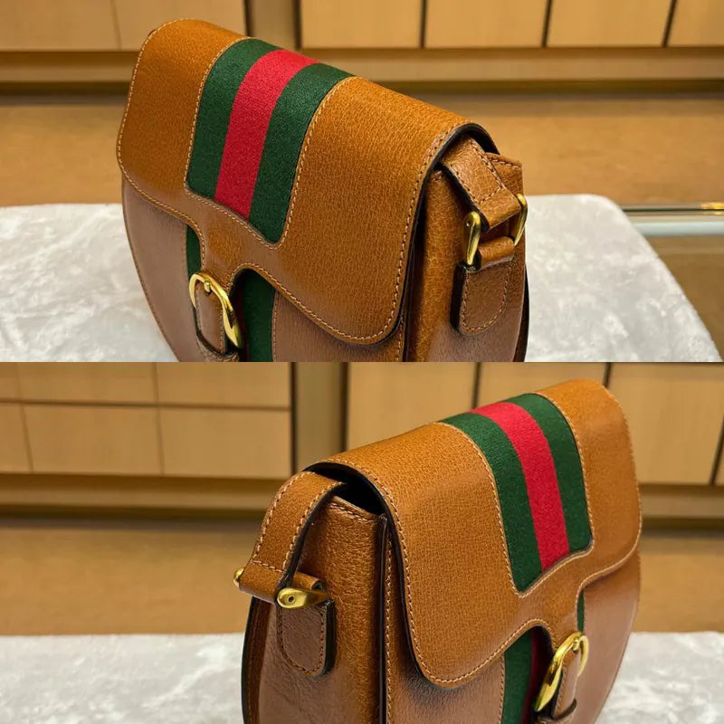 rb126-gucci-vintage-brown-leather-sherry-line-buckle-round-shoulder-bag