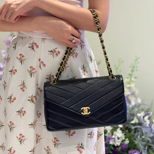 RC427 - CHANEL Vintage Black Lambskin Cross Stripe Flap Bag