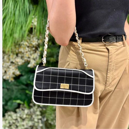 JW804 - CHANEL Vintage Black Satin Chocolate Bar Flap Bag