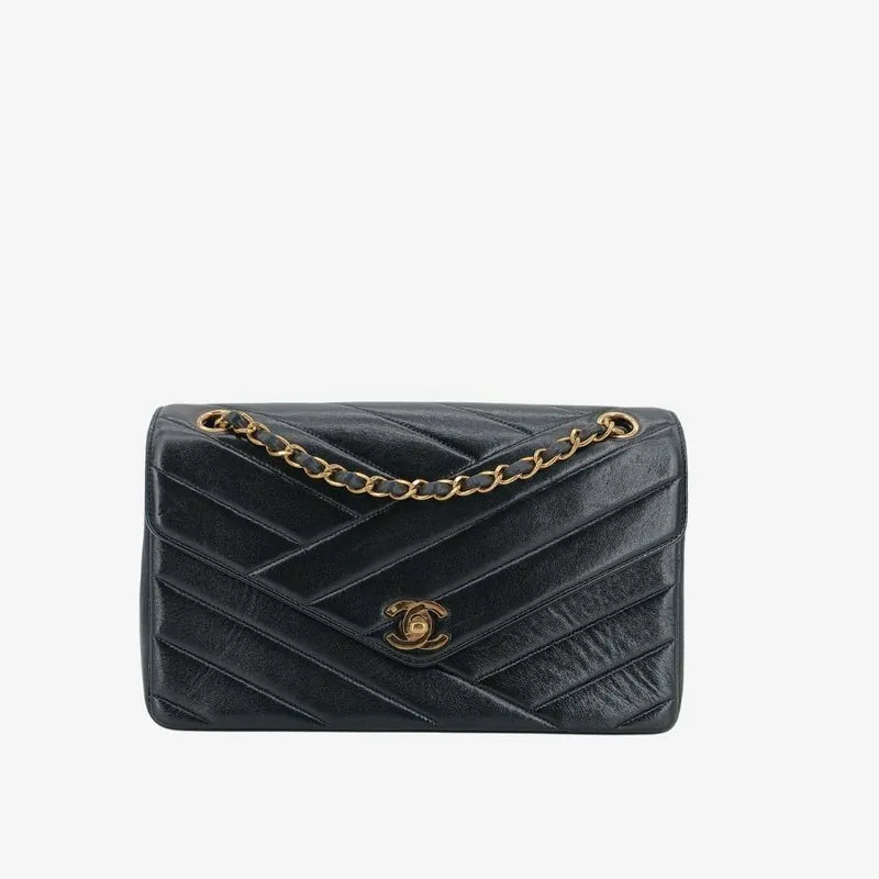 js673-chanel-vintage-black-lambskin-cross-stripe-flap-bag