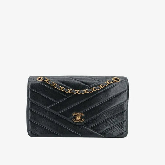 js673-chanel-vintage-black-lambskin-cross-stripe-flap-bag