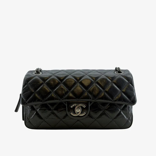 C580 - CHAENL Black Calfskin Easy Zip Flap Bag